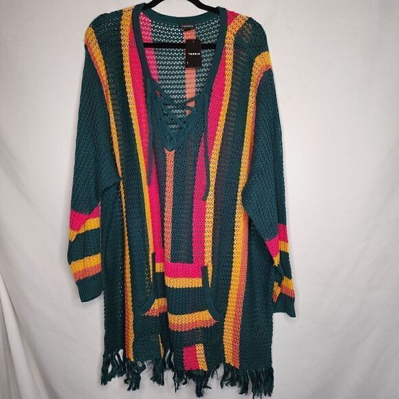 4X 26W Torrid Green Yellow Stripe Open Stitch Pullover Sweater Pocket Fringe lon - Picture 6 of 10